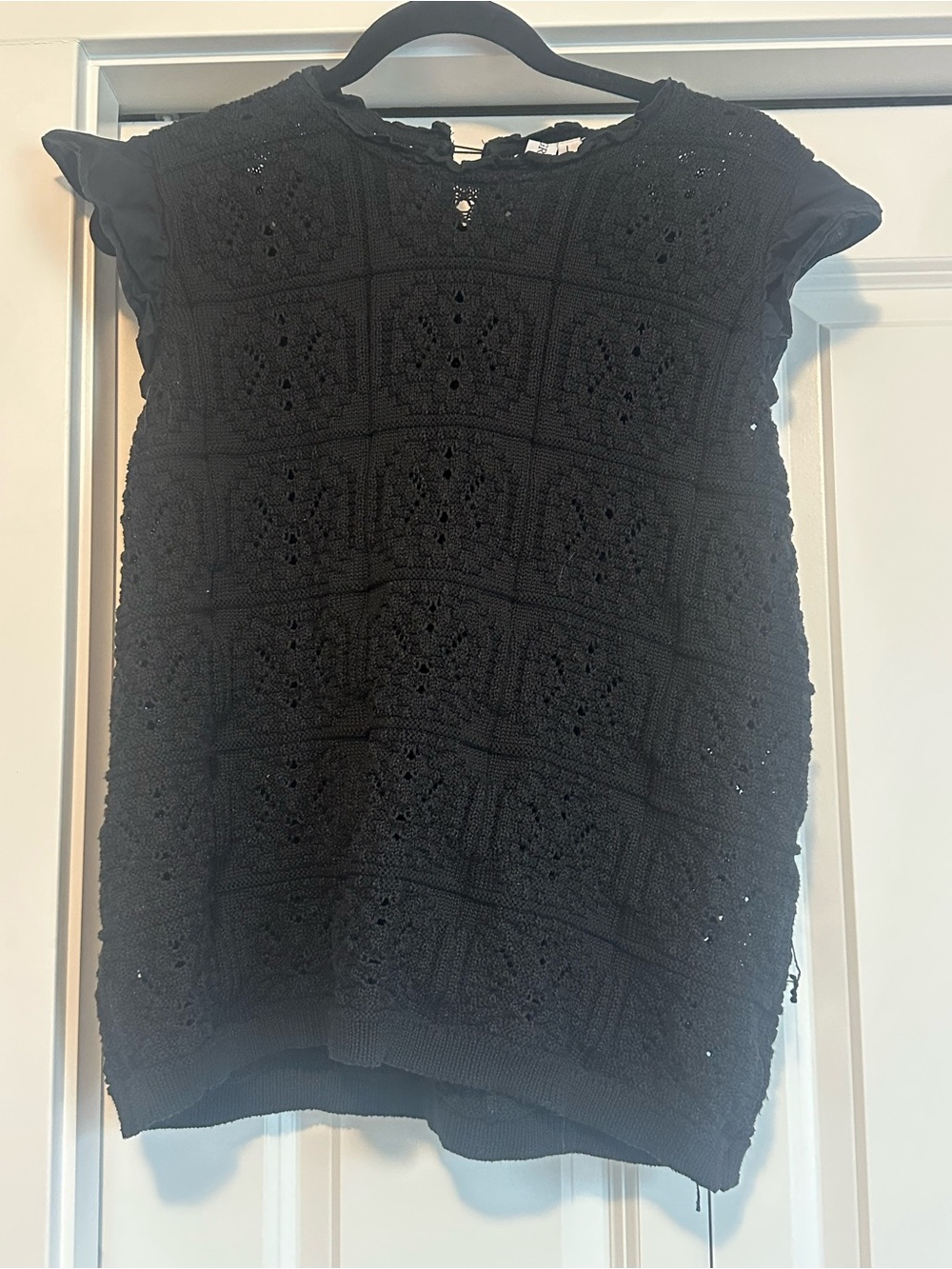 Black Crochet Knit Cap-Sleeve Top